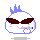 Pixelated character with white body, blue spiky hair, dark brown sunglasses, and pink mouth, holding a cigarette with red tip.