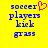 Yellow background with blue pixelated text reading 'soccer players kick grass' and a pink pixelated heart symbol above 'soccer' in the left view.