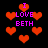 Pixelated red hearts and purple text reading "I LOVE BETH" on a black background with animated heart size variations.