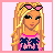 Pixel art contact sheet of an animated icon featuring a blonde cartoon girl in pink and blue attire with multiple frames showing facial expressions, body parts, text phrases, and animation changes.