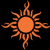 Five orange sun icons with flame-like rays arranged in a 3x2 contact sheet on black background, each icon showing slight variations in ray positioning and curling across frames.