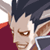 Pixelated close-up of a character with spiky dark hair, brown eyes, and a slight smirk wearing a red garment against a white background.