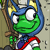 Pixelated green cartoon character with blue headgear and yellow accents holding a brown stick, wearing red-and-white clothing against a gray background.