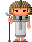 Pixel art character in ancient Egyptian attire with a nemes headdress, holding a staff, in multiple poses including one with a green object and one with a green circular symbol.