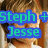 A pixelated image of a person with light brown hair, wearing white clothing, overlaid with blue and pink text elements.