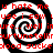 Four black-and-white spiral patterns arranged in a with red text overlaid, displaying repeated phrases and distorted words