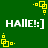 Green background with white text 'HALLE!:]' repeated twice and yellow pixelated square patterns scattered across the image.