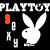 A 4-frame animated contact sheet showing pixelated white Playboy bunny icons with scattered letters and orange squares on a black background, arranged in a 2x2 grid.