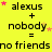 Yellow background with black text reading 'alexis + nobody = no friends' repeated four times, each with pink and yellow star animations.