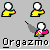 Pixelated cartoon figure with white head and yellow body in multiple poses including pointing, holding a pink object, and interacting with blue lines or double heads.