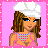 Pixel art contact sheet showing three frames of an animated buddy icon with a cartoon woman in pink attire and text panels on a pink background.