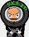 Pixelated character in dark hooded outfit with green trim, showing two expressions: squinting eyes and wide eyes.