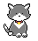 A 7-frame animated contact sheet of a pixel-art cat character with gray fur, white chest/paws/face markings, and a red collar with yellow bell, shown in various poses against a solid gray background.