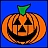Pixelated orange pumpkin with carved face, green stem, and blue background; static image with no visible text or motion.