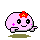 A 2x2 contact sheet of four pixel art frames showing a pink cartoon character with red flower headpiece, varying expressions and poses across frames, some labeled "NEW!" in colored text.