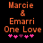Pixelated orange text on black background reads 'Marcie & Emarri One Love' with pink and purple heart symbols below, two versions differ in heart arrangement.
