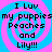 Pixelated text reads "I Luv my puppies Peaches and Lily!!!" over a blue-and-pink spiral background with four identical copies arranged in a