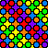 Two side-by-side pixelated grids of colorful star and circle shapes on black and white backgrounds.