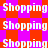 A static image with repeated text "Shopping" in white pixelated font on a checkered background of bright pink and orange squares.