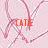 Pink background with repeating pink heart outlines; orange text 'CATIE' and 'LOVES', plus two orange symbols below.