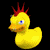 Animated contact sheet of a yellow rubber duck with red spiky crest and blue eyes, displaying text variations across seven frames on black background.