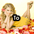 Animated icon of a woman with long blonde hair and pink flower in her hair, lying on red flowers with yellow blanket, showing text changes.