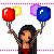Pixelated character holding two pairs of balloons with text "My bubbles" on a black background.