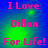 Pixelated pink text on blue-green gradient background with green light effects, displaying "I Love Dillon For Life!" in four identical