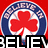 Red four-leaf clover symbol centered within a blue and white circular border, with partial black text below on red background.