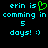 Pixelated cyan text on black background reads 'erin is' with green heart symbol, 'comming in', '5', and 'days! :)' below.