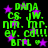 Green pixelated text and purple stars on a black background, with repeated phrases including 'DANA', 'CS. JW.', 'nm. mr.', 'ev. cd!!!', and 'BFFL' in green.