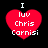 Four identical red heart-shaped icons with white text reading "I luv Chris Carnisi" on a black background, arranged in a