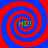 Four identical spiral patterns in red and blue with green text "HI!!" at the center of each spiral.
