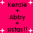 A bright pink background with white starbursts contains two identical text-based compositions reading "Kenzie + Abby = sistas!!" in black pixelated font.