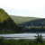 Pixelated landscape with dark green foliage on left, light blue water, and distant hills under pale sky.