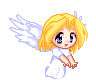 Pixelated angel icon with blonde hair and white wings in six sequential poses showing wing movement.