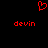 Red pixelated heart symbol above two instances of the text 'devin' on a black background.