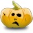 Pixelated pumpkin icon with sad expression, green stem, and yellow-orange gradient body on white background.