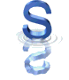 Three vertical of blue 'S' letters with light blue spiral shapes below each, set against a gray background