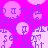 Pixelated text repeats across a bright pink background with light pink circular shapes, forming a patterned design.