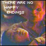 Six- of distorted, low-resolution images with text overlays showing violent or somber scenes and the phrase 'THERE ARE NO HAPPY ENDINGS'