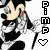 Pixelated cartoon character with black and white fur, pink nose, and red mouth detail holding a microphone icon on a transparent background.