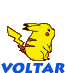 Yellow cartoon character with red cheeks and brown stripes on limbs, shown in five distinct poses above blue text reading VOLTAR.