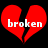 Two red broken heart icons with white text 'broken' on black background, each heart split into two jagged pieces.