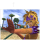Animated character with blonde hair in a high ponytail, purple headband, and purple-accented outfit holding a green staff in various poses against outdoor backgrounds.
