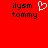 Red background with black text 'ilysm tommy' on left and right, white pixelated heart symbol between them.