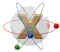 Animated atomic model with brown X-shaped nucleus and orbiting colored spheres on gray background.