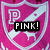 six identical pink shield-shaped icons with white 'P' symbols and diagonal stripes, each overlaid with bold black text reading 'PINK!' in white letters