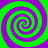 Four spirals in alternating green and purple hues rotate clockwise on a solid green background.