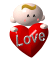 Pixelated cartoon baby with blonde hair holds red heart-shaped object; text on heart changes from gray 'Love' to green 'Love'.